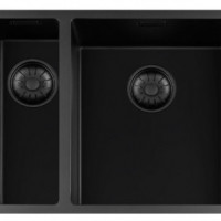 GC BLC1534-40  Black Quartz anderhalve spoelbak 15cm x 40cm + 34cm x 40cm R10 radius met zwarte korfpluggen  (onderbouw / vlak inleg)