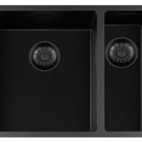 GC BLC3415-40  Black Quartz anderhalve spoelbak 34cm x 40cm + 15cm x 40cm R10 radius met zwarte korfpluggen  (onderbouw / vlak inleg)