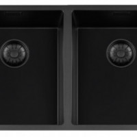 GC BLC3434-40  Black Quartz dubbele spoelbak 34cm x 40cm + 34cm x 40cm R10 radius met zwarte korfpluggen  (onderbouw / vlak inleg)