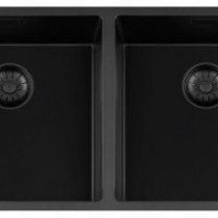 GC BLC4040-40  Black Quartz dubbele spoelbak 40cm x 40cm + 40cm x 40cm R10 radius met zwarte korfpluggen  (onderbouw / vlak inleg)